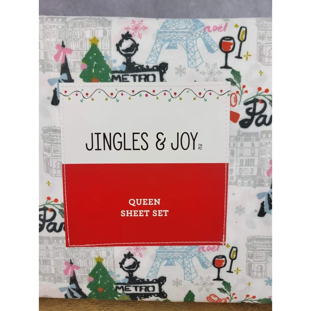 Jingles &‎ Joy Queen Sheet Set Paris Christmas Trees Eiffel Tower Noel
